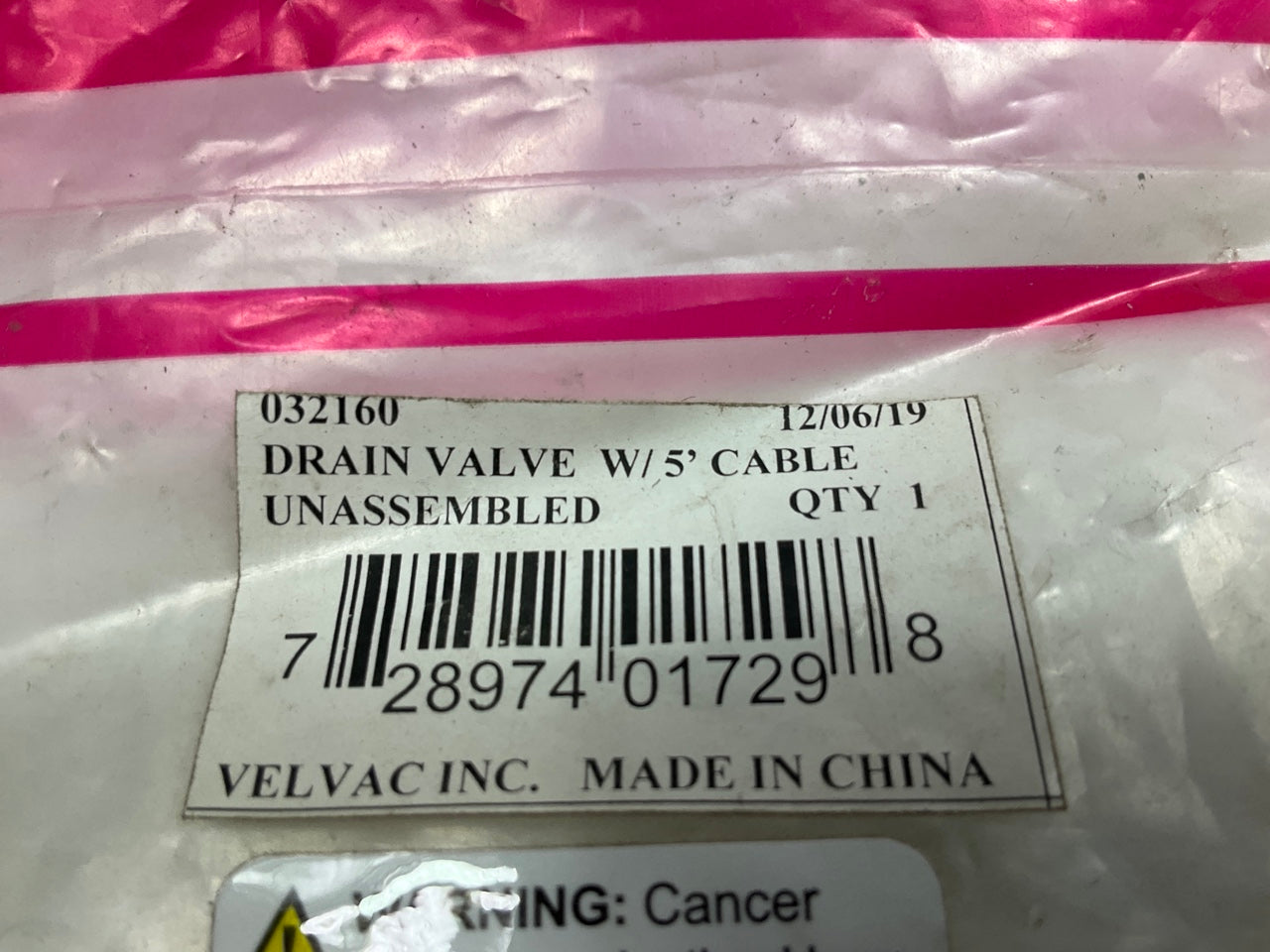 Velvac 032160 Air Tank Pull Drain Valve Valve W/ 5' Cable, Uncrimped On Free End