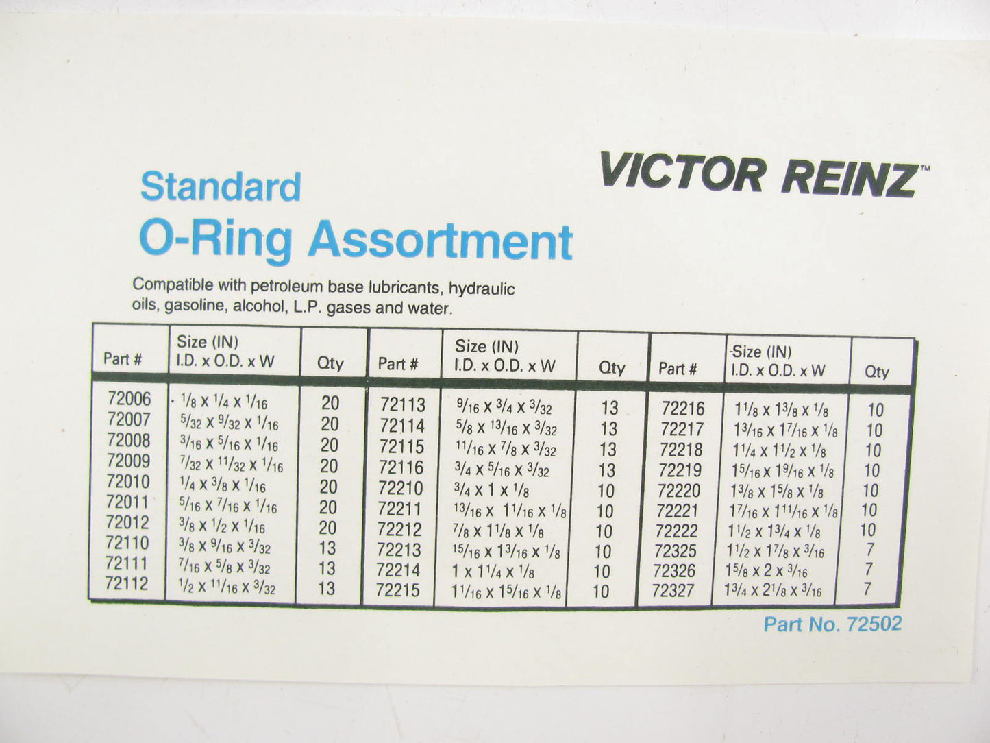 Victor Reinz 72502 O-Ring Assortment 382pcs Nitrile Rings