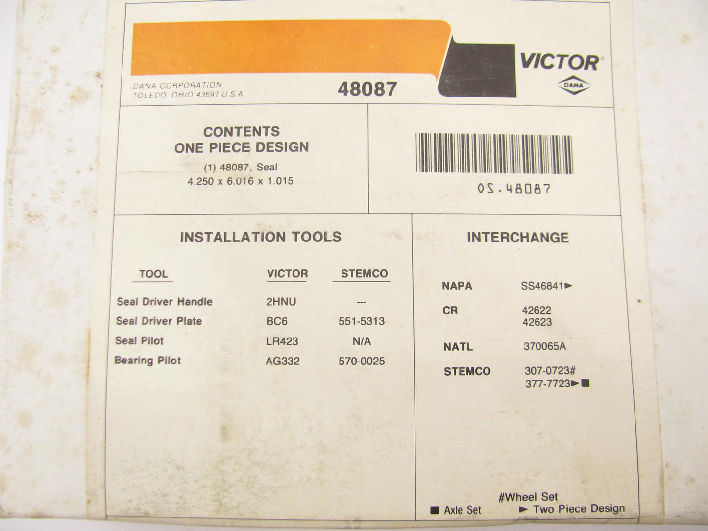 Victor 48087 Wheel Seal - 6.014'' OD X 4.250'' ID X 1.000'' Wide