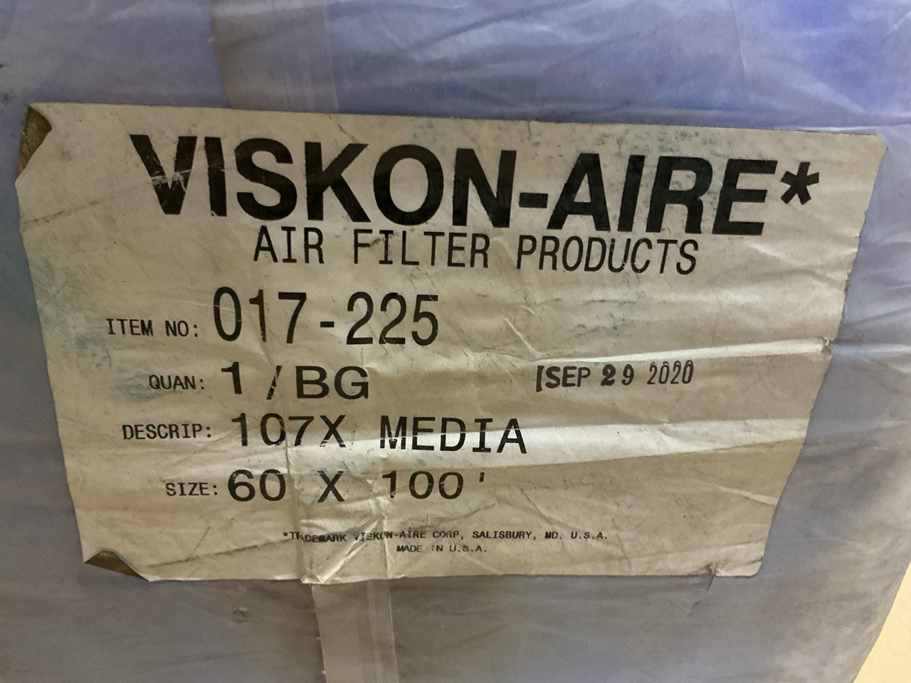 Viskon-Aire 017-225 107X Paint Arrestor Filter, 18 Gram Fiberglass, 60'' X 100'