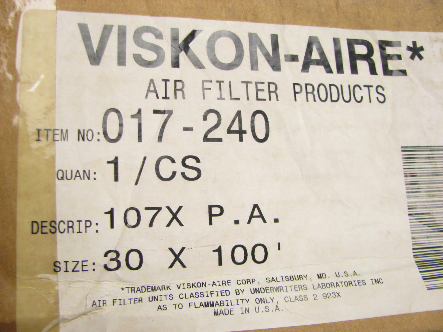 Viskon-aire 017-240 107X Paint Arrestor Fiberglass Roll - 30''×100'×2.5''