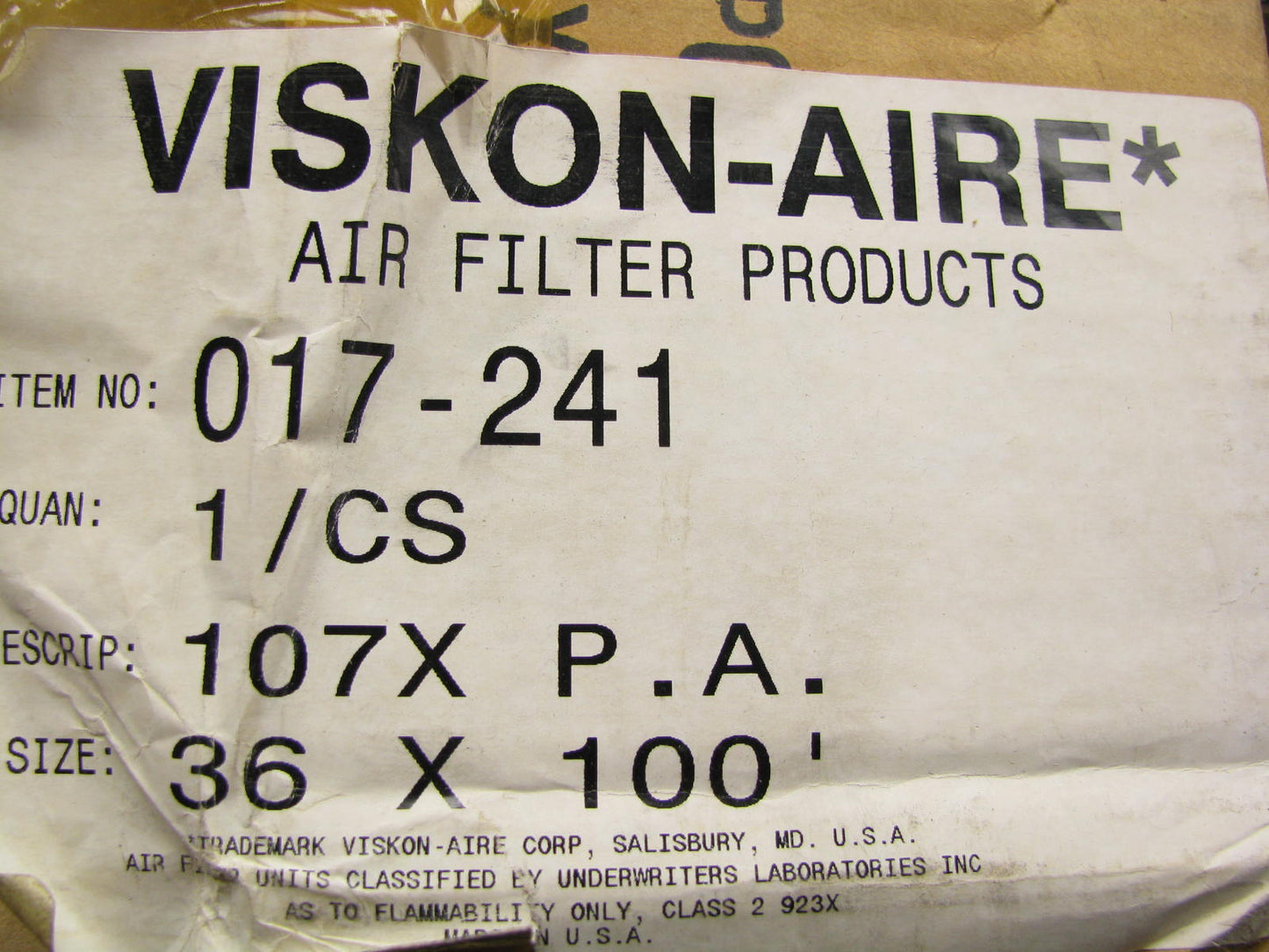 Viskon-aire 017-241 Fiberglass Paint Arrestor Roll 30'' X 100 FT X 2.5''