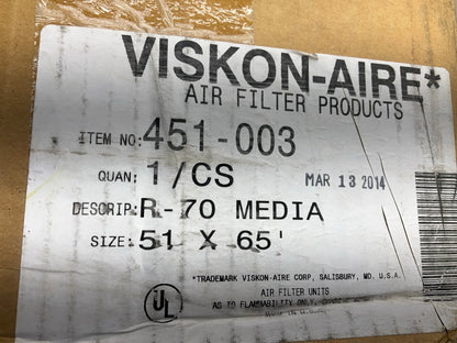 Viskon-aire 451-003 R-70 Dry Polyester Prefilter Roll, 1/2'' X 51'' X 65' Long