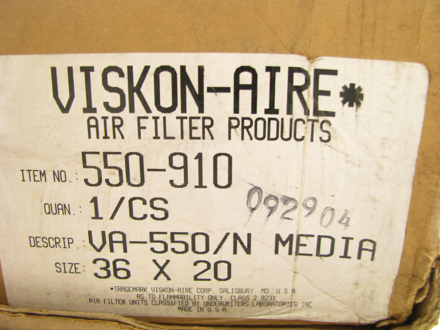 Viskon-aire 550-910 Paint Booth Air Filter VA-550/N - Pad / Blanket - 36'' X 240''