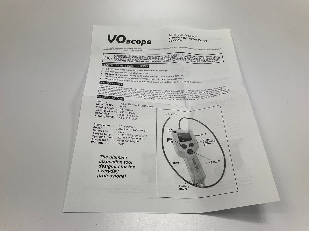 VOScope Visual Optics VideoStik - Video Flexible Probe Camera Inspection Scope