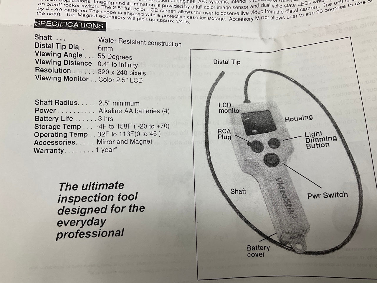 VOScope Visual Optics VideoStik - Video Flexible Probe Camera Inspection Scope