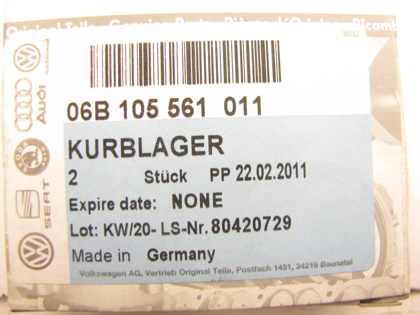 NEW - OEM VW Audi 06B105561011 Engine Main Bearing WHITE 2008-15 2.-L-L4 Turbo