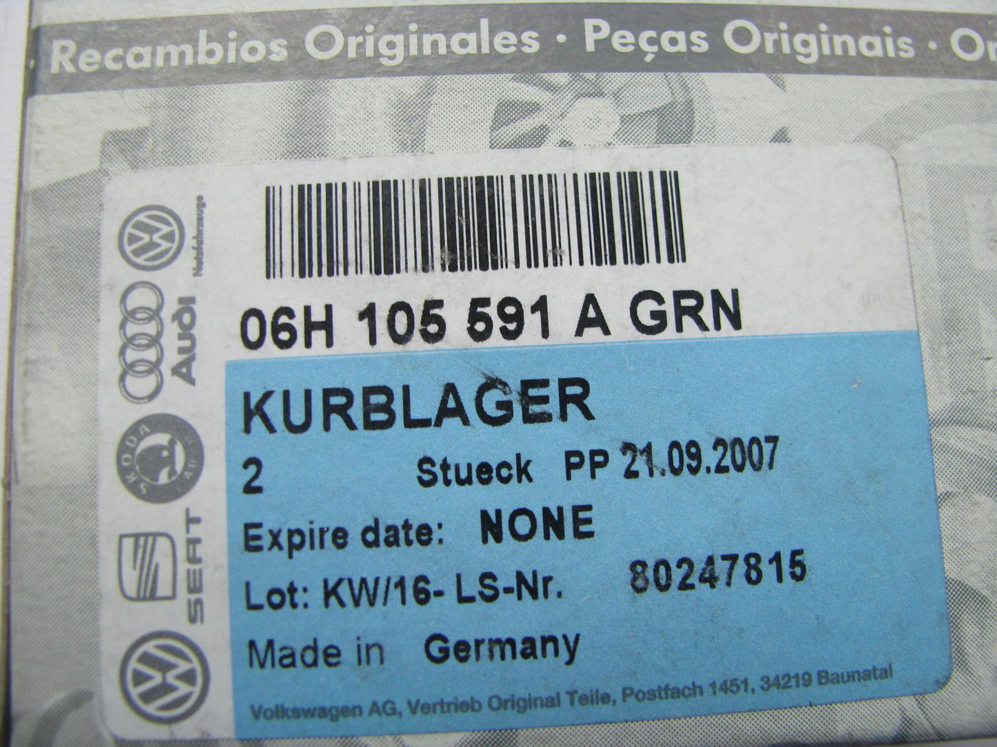 NEW - OEM VW Audi 06H105591AGRN Lower Main Bearing GREEN 2008-2010 2.0L-L4