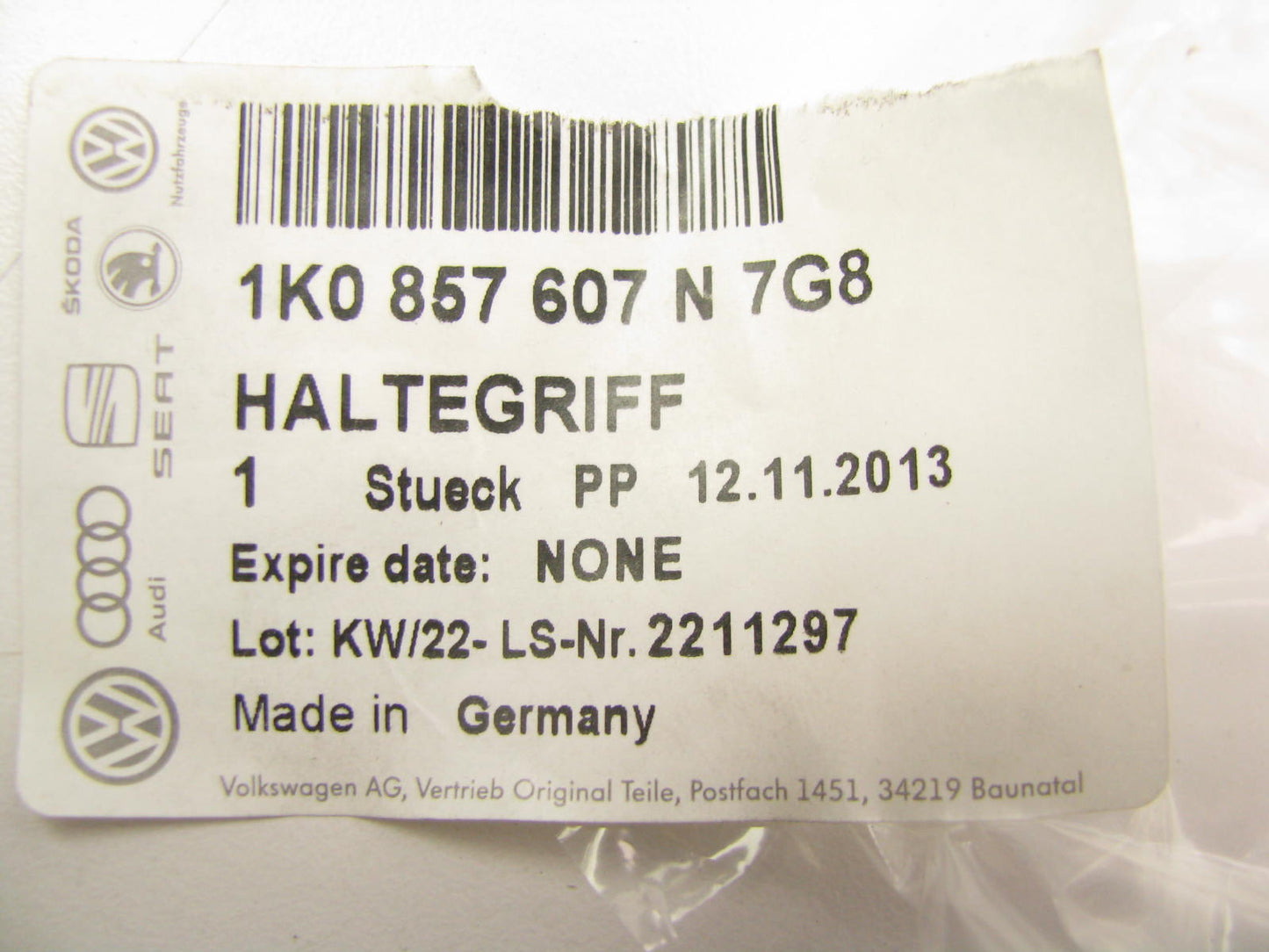 NEW - OEM 1K0857607N7G8 Rear Roof Assit Grab Handle, Beige For Volkswagen