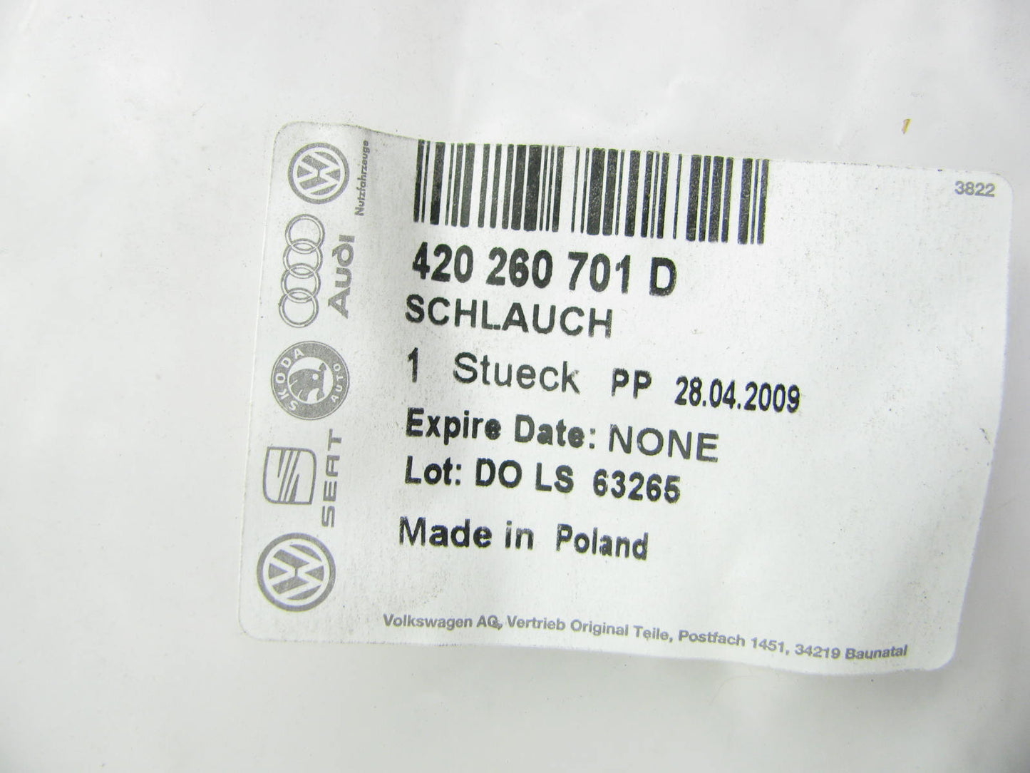 NEW - OEM Genuine Audi A/C Line Discharge Hose For 2010-2012 R8 420260701D