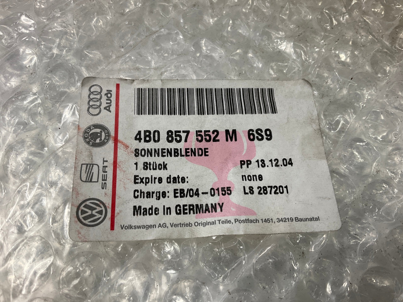 NEW GENUINE  Gray Right Passengers Side Sun Visor OEM Audi 4B0857552M-6S9