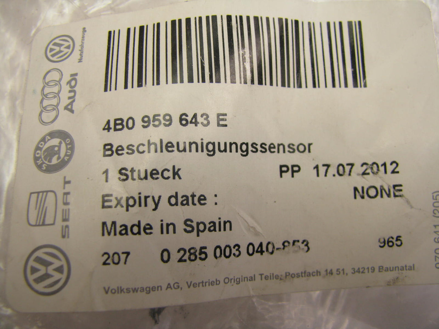 NEW GENUINE OEM Vw Audi 4B0959643E REAR Side Impact SRS Sensor