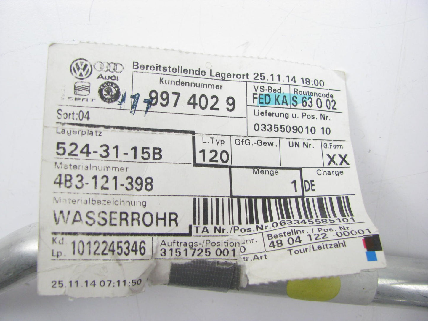 NEW - OEM GENUINE Engine Coolant Water Tube Pipe 2003-2004 Audi RS6 4B3121398