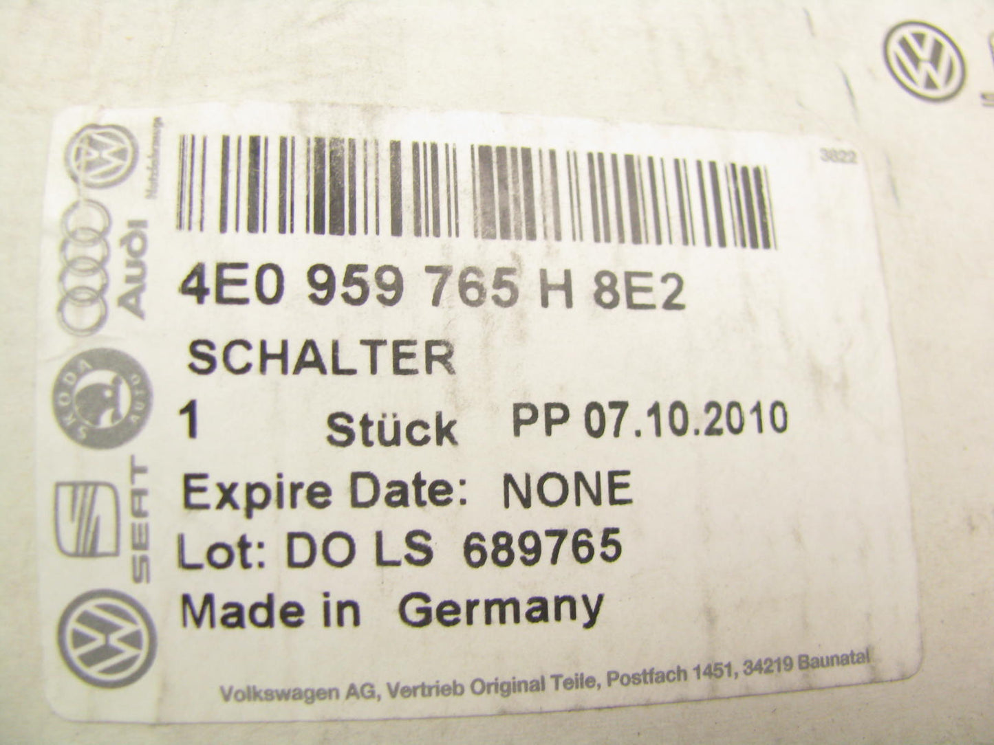 NEW - OEM VW Audi 4E0959765H8E2 Front Left Power Seat Switch