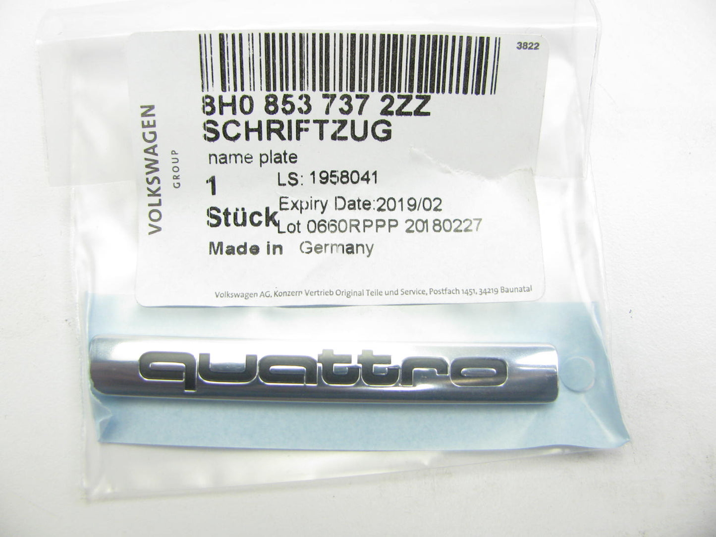 NEW - OEM VW Audi 8H08537372ZZ Quattro Trunk Lid Emblem Badge