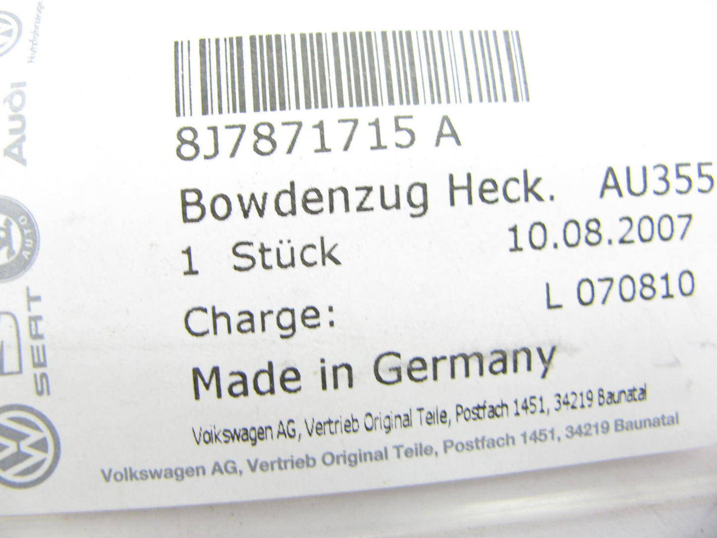 NEW - OEM VW Audi 8J7871715A Convertible Top Cable 2008-09 TT 2008-15 TT Quattro