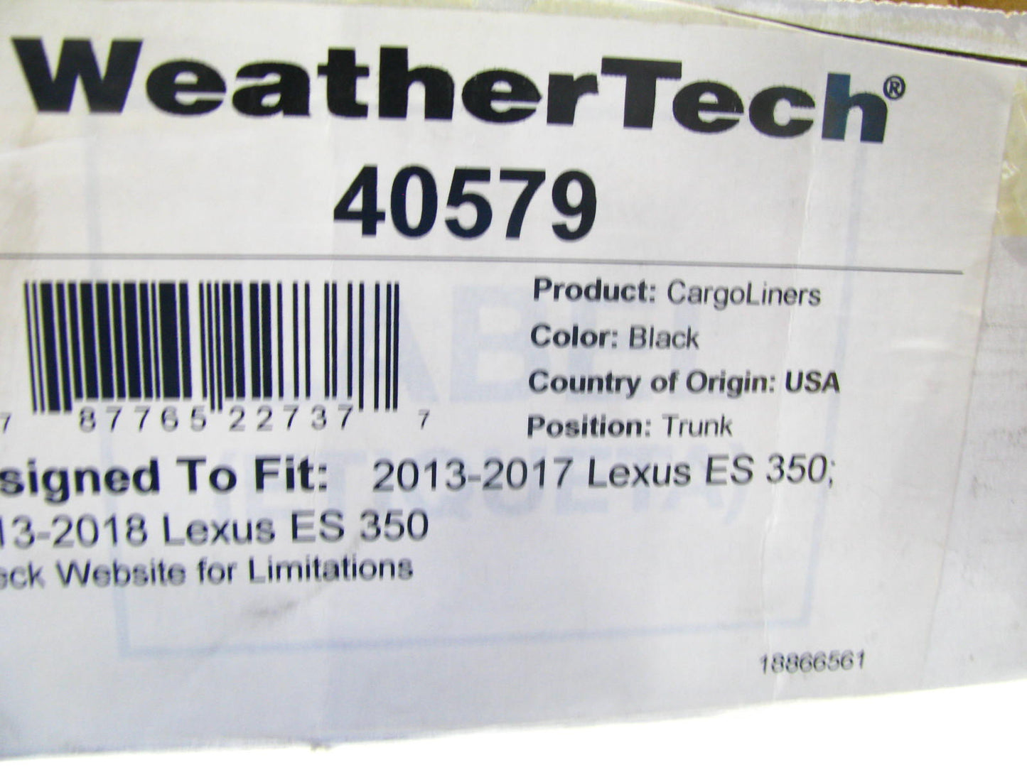 DIRECT FIT - 40579 Rear Trunk Cargo Liner Black Rubber Mat For 13-18 Lexus ES350