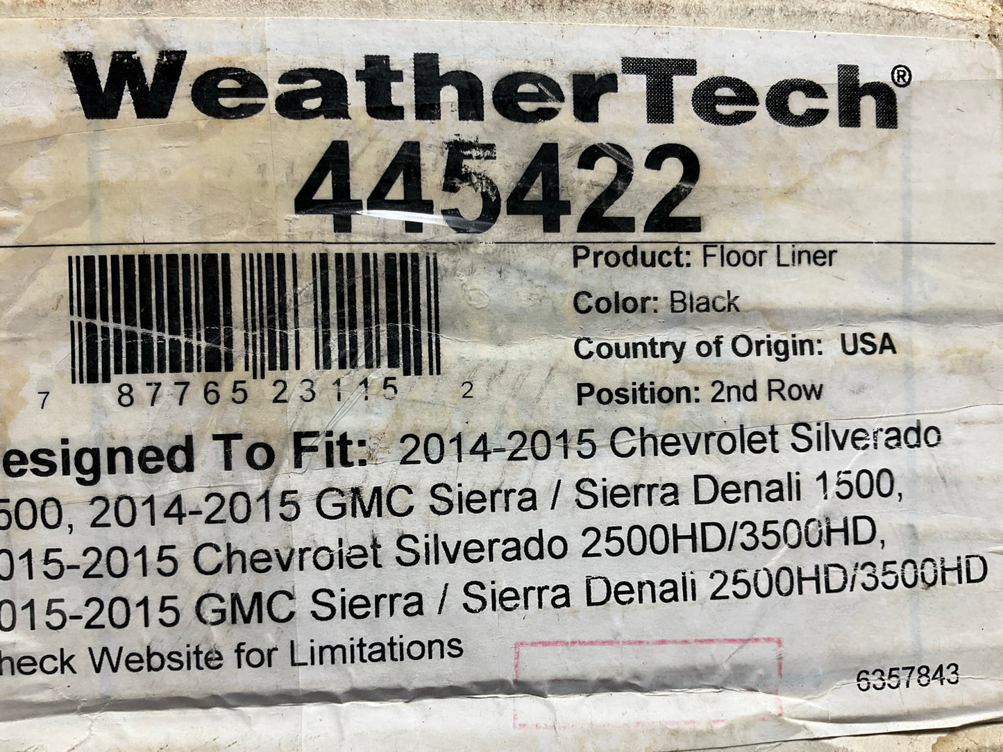 USED MAT - 445422, 2nd Row Floor Liner Mat 14-15 Silverado Sierra,  2015 2500HD