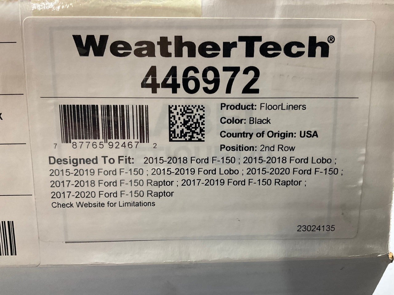 DIRECT FIT - 446972  2nd Row Rear Rubber Floor Liner Mat Black - 2015-2024 F-150