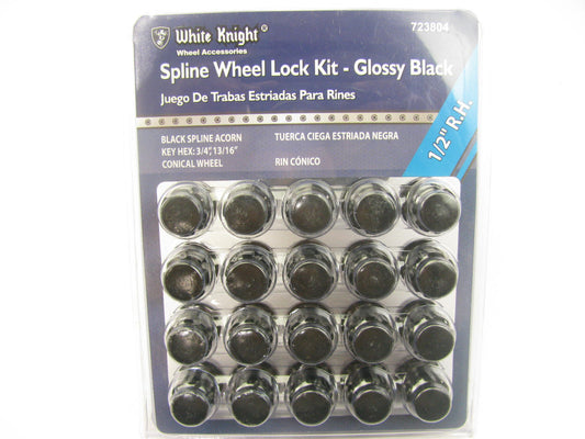 White Knight 723804 Wheel Lock Set 1/2'' RH Black Spline Acorn, 20 PCS