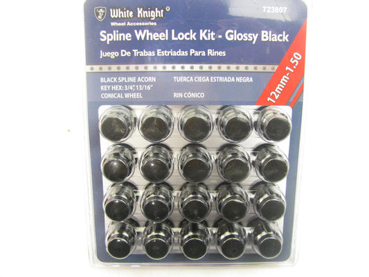 White Knight 723807 Wheel Lock Set Kit - 12mm-1.50 Black Spline Acorn, 20 PCS