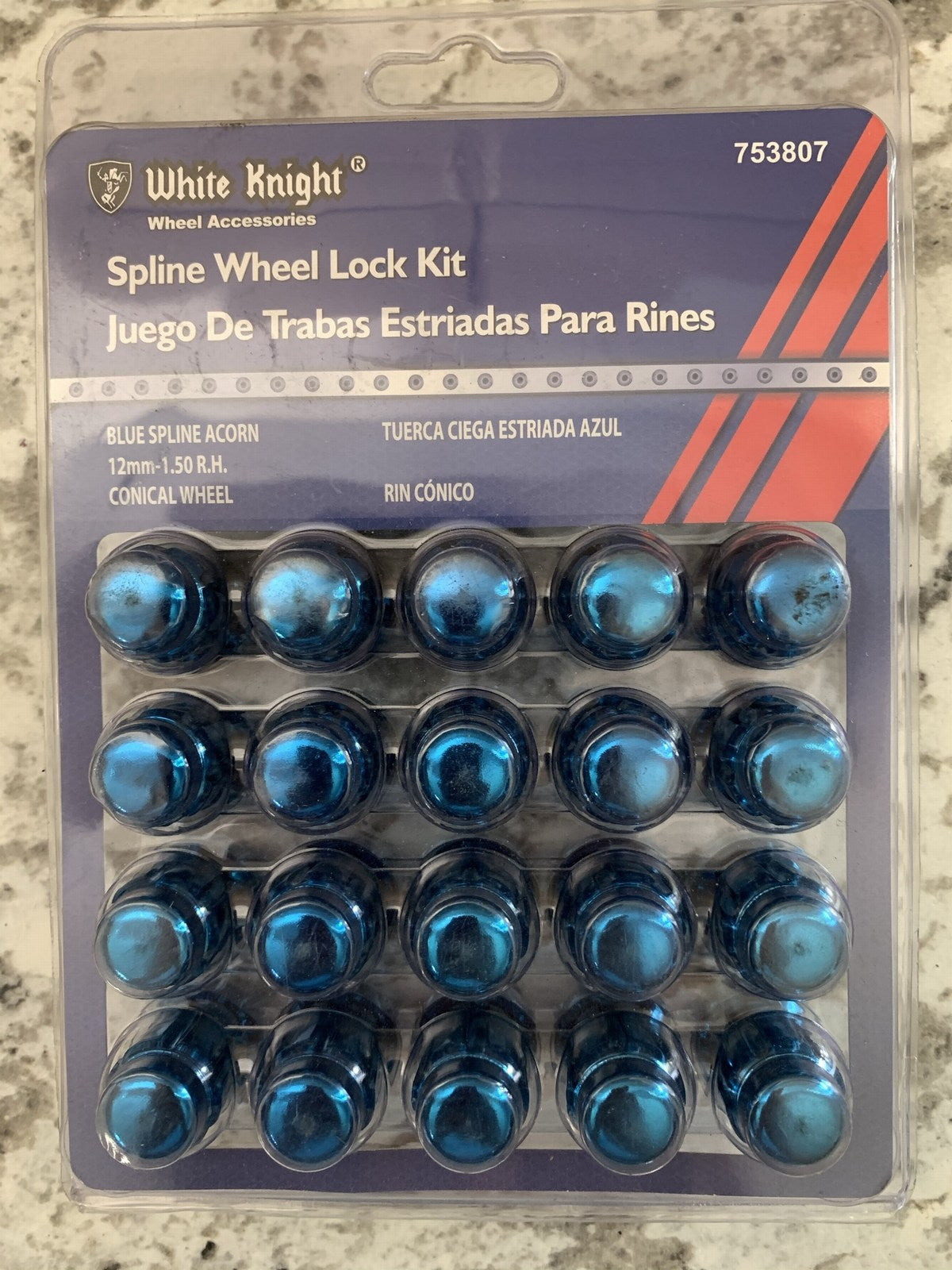 20 Pcs White Knight 753807 Spline Wheel Lock Kit 12mm-1.50 R.H Blue Spline Acorn