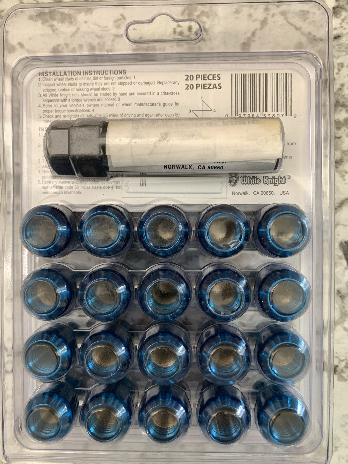 (20) White Knight 753807 Spline Wheel Lock & Lug Nut Kit 12mm-1.50 RH Blue Acorn