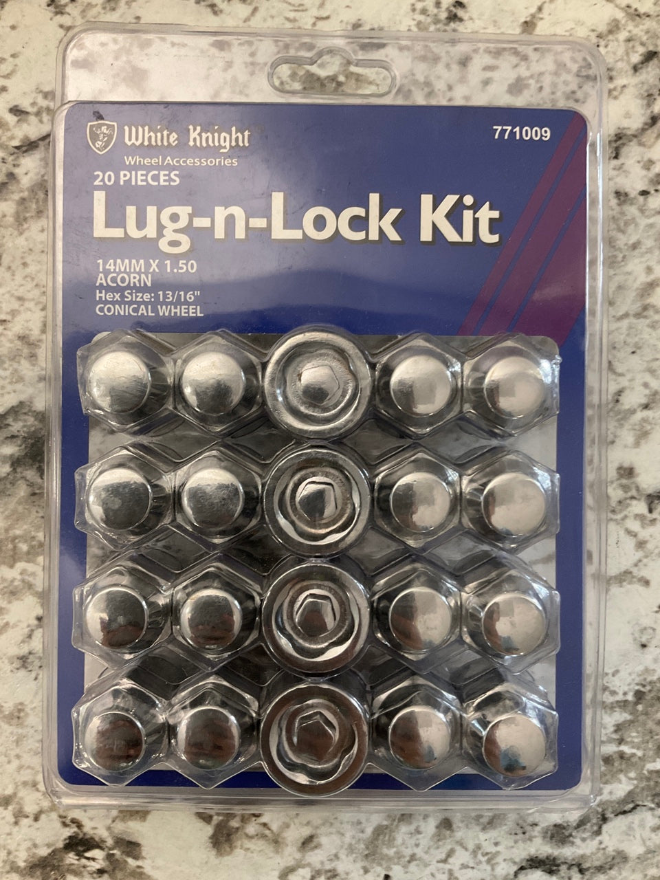 20 Pcs White Knight Wheel Lug Nut + Lock Set Kit  14mm X 1,50, Hex Size: 13/16''
