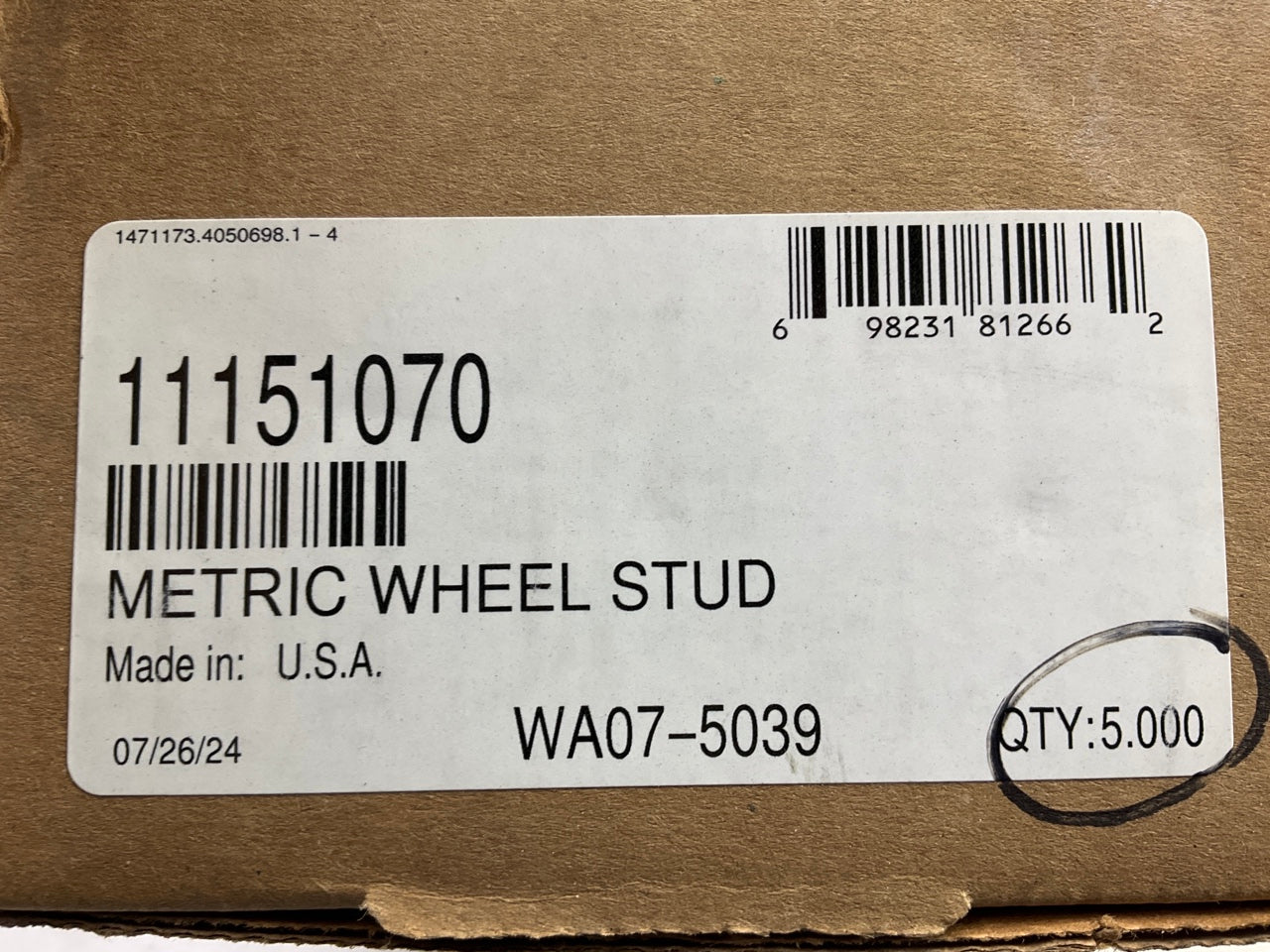 (5) World WA07-5039 Wheel Lug Stud, M22 X 1.5 Thread, 1.0'' Knurl, 4-25/32'' Long