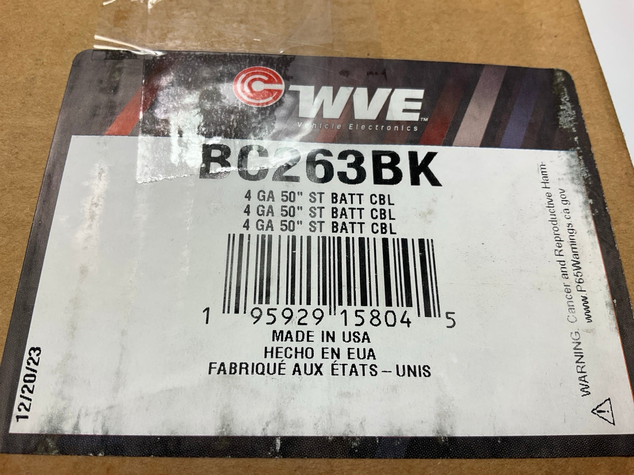 WVE BC263BK Black Side Post Battery Cable, 4 Gauge, 50'' Long